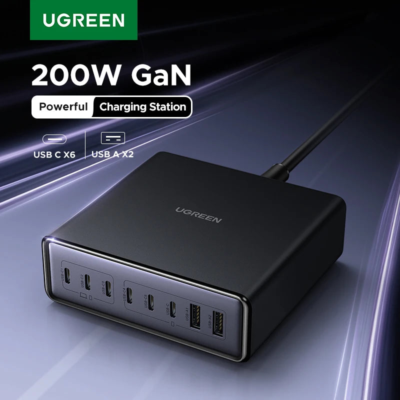 شاحن UGREEN GaN 200W متعدد المنافذ لشحن 8 أجهزة بسرعة